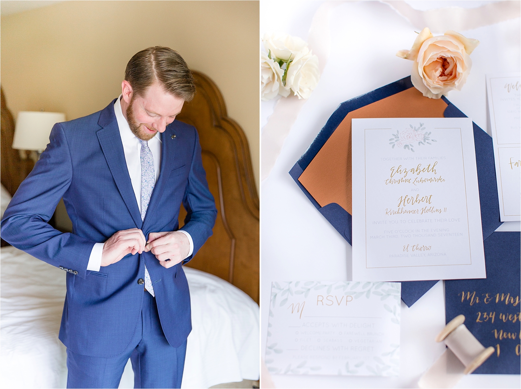 Wedding envelopes match groom's suit