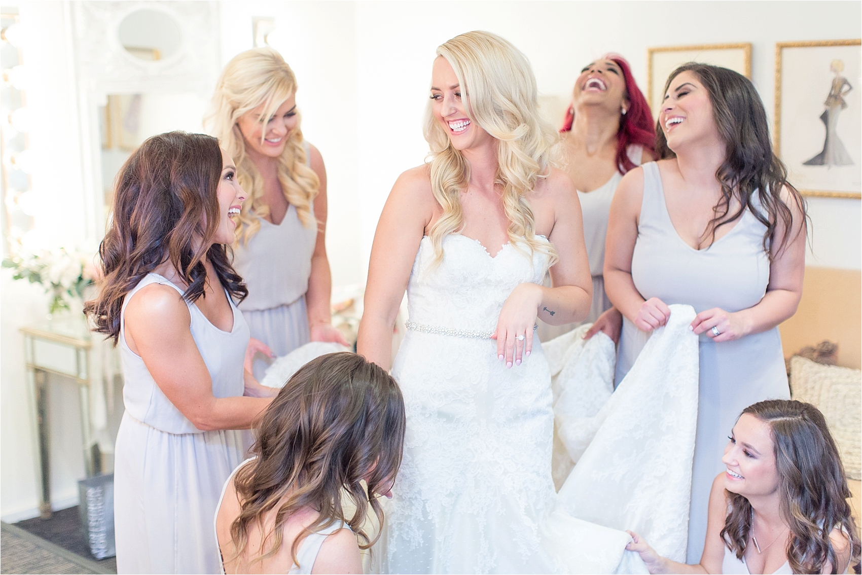 Bride and bridesmaids getting dressed