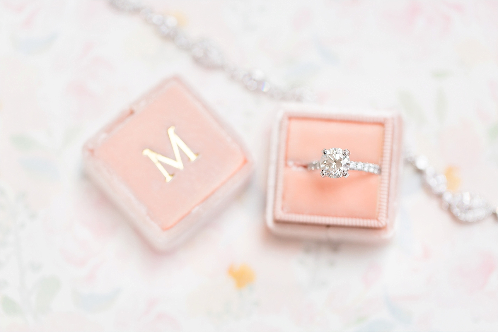 Peach Mrs. Box with Round Cut Solitaire Diamond Wedding Ring