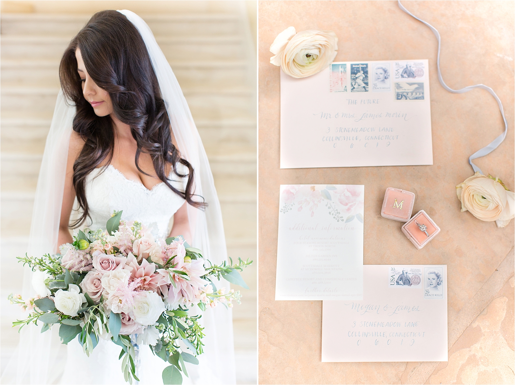 Soft Blush Bridal Details Bouquet and Wedding Invitations