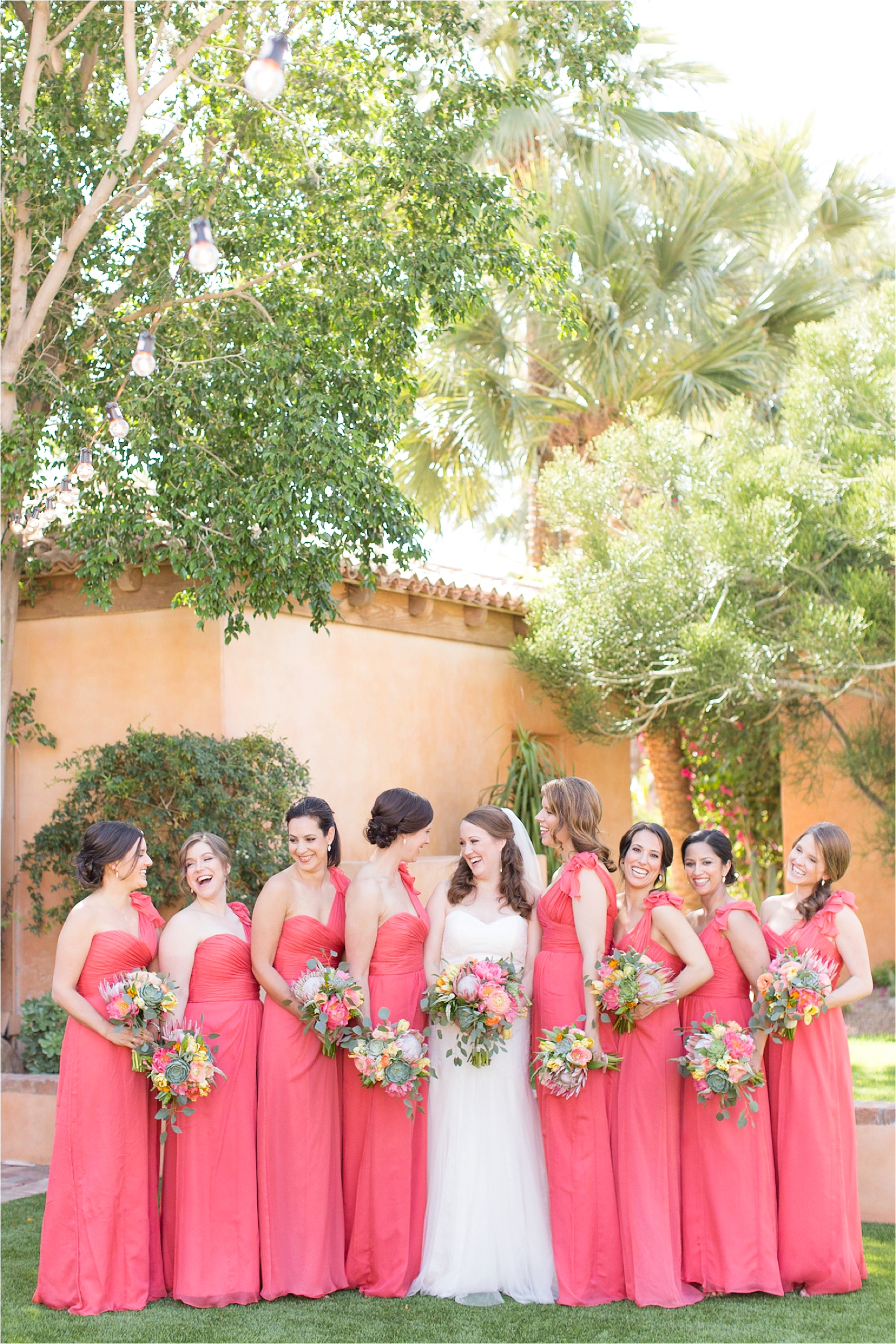 Coral Bridesmaid Dresses with Colorful Bouquets at The Royal Palms
