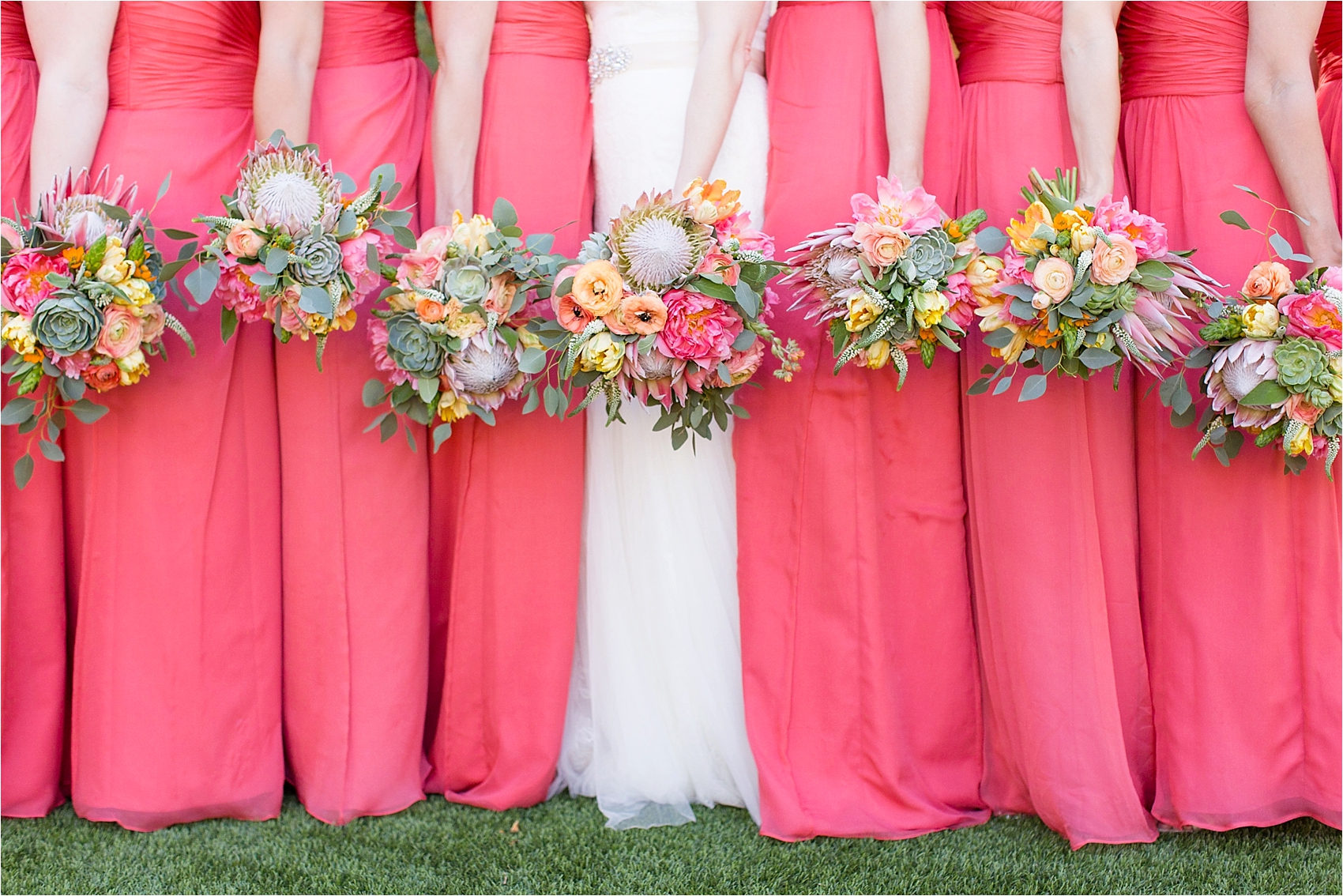 Coral Bridesmaid Dresses with Colorful Bouquets at The Royal Palms