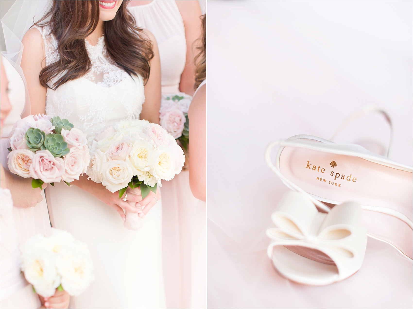 Sanctuary Wedding, Blush Pink and White Kate Spade Shoes and Succulent Bouquets